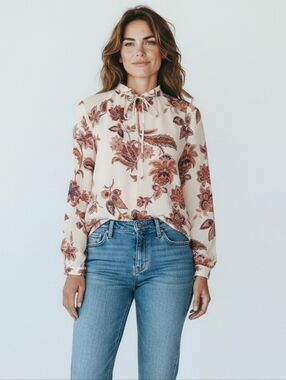 Ryegrass Ivory Floral Long Sleeve Tie Neck Blouse XS NWT